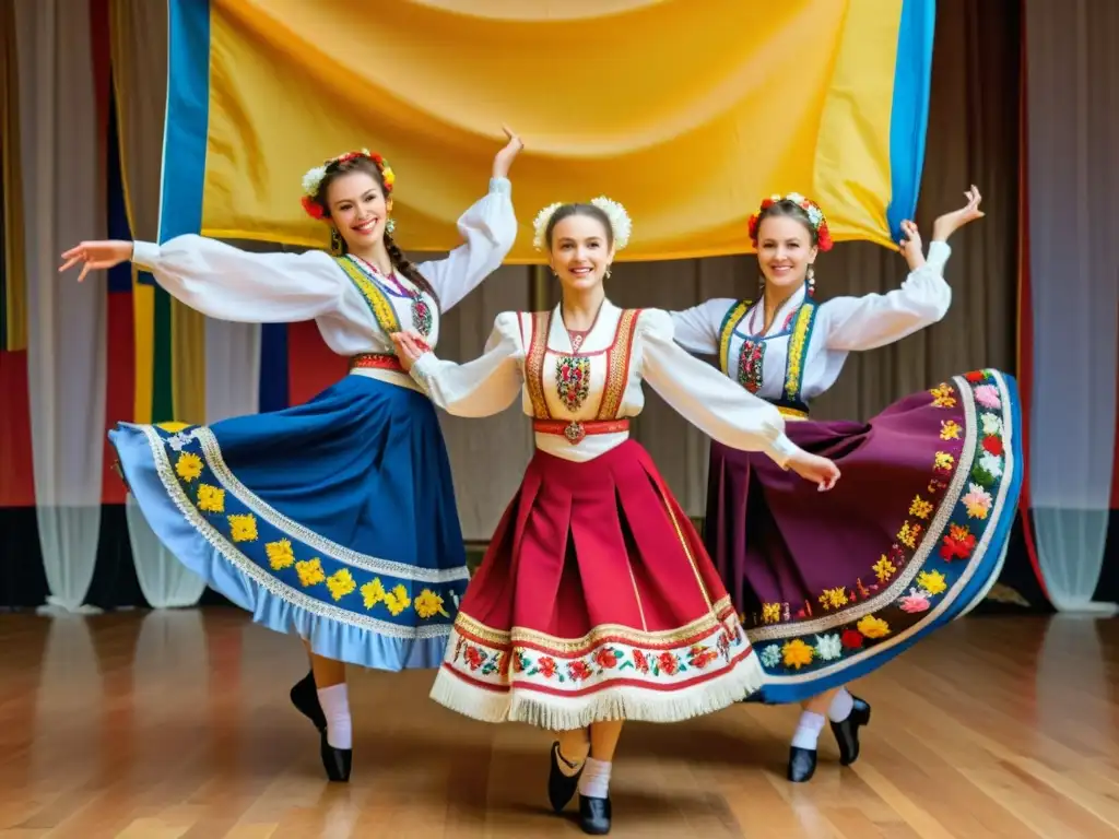 Grupo de bailarines ucranianos en trajes tradicionales saltando con gracia en una escuela de danza ucraniana tradicional