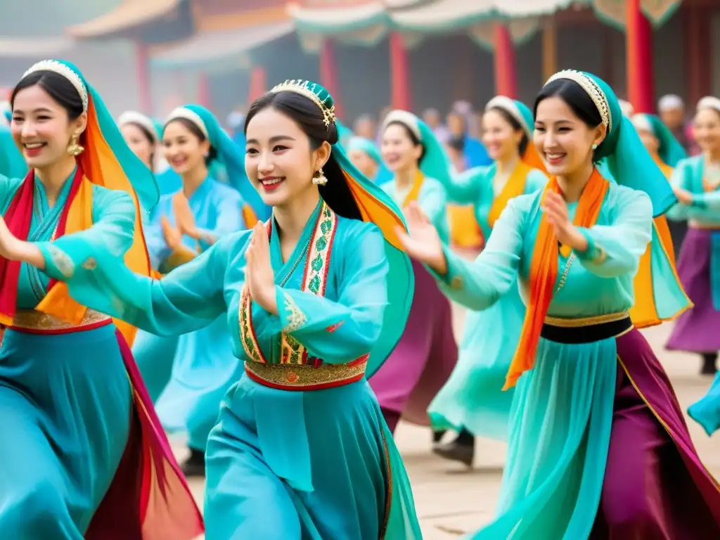 Grupo de bailarines uigures en trajes tradicionales danzando al ritmo de la música uigur, con espectadores sonrientes