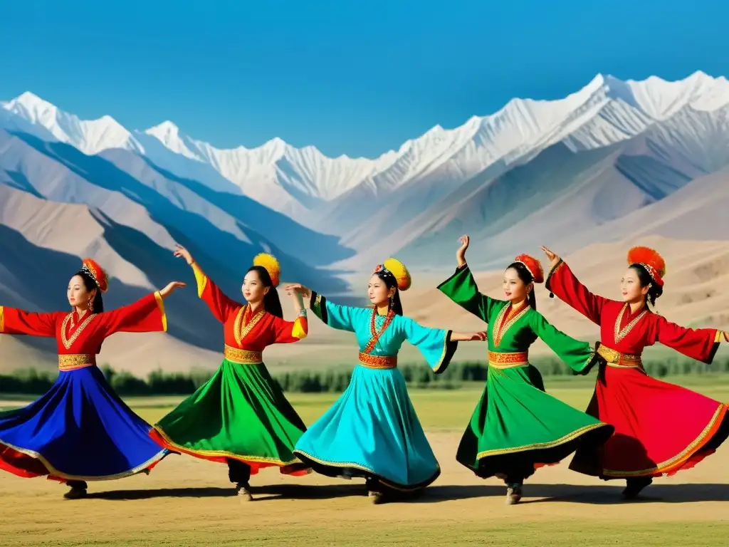 Un grupo de bailarines uigures viste trajes tradicionales vibrantes mientras realizan una danza tradicional contra el paisaje de Xinjiang