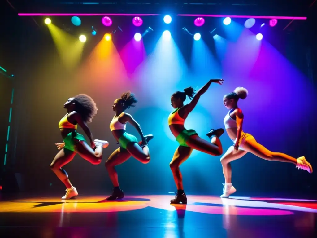 Grupo de bailarines urbanos en sincronía con la música electrónica, capturando la energía y emoción