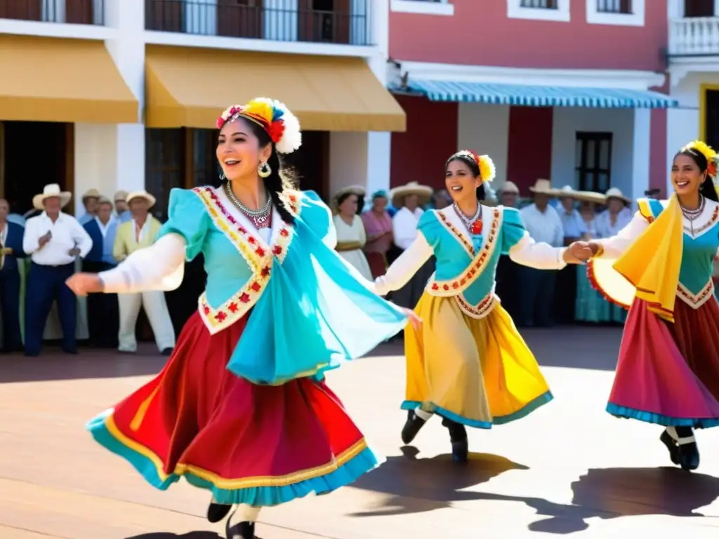 Grupo de bailarines uruguayos ejecutando el animado baile El Pericón Nacional, envueltos en coloridos trajes tradicionales