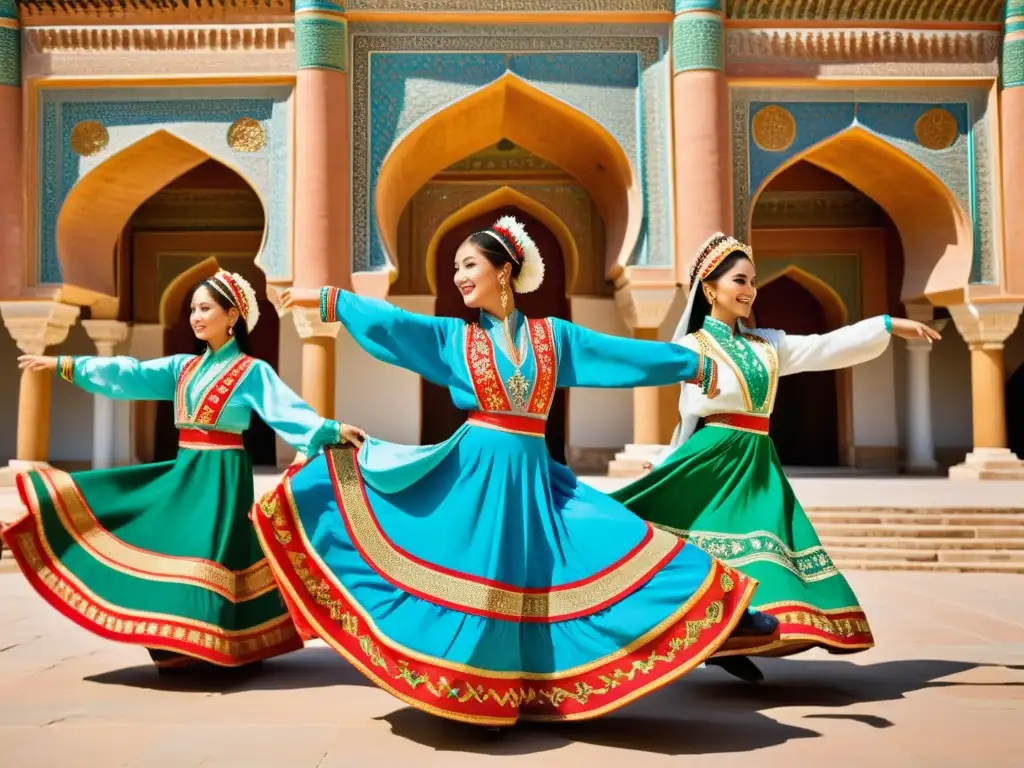 Un grupo de bailarines uzbekos con trajes de danza tradicional de Uzbekistán realizando una danza vibrante y grácil frente a un monumento histórico