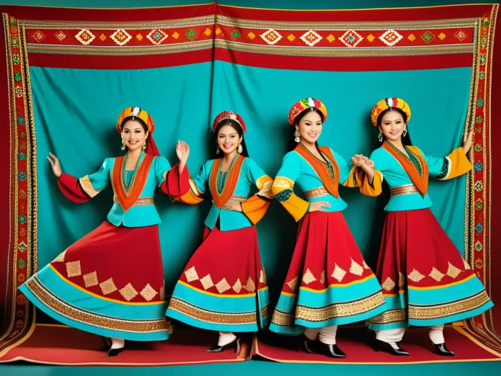 Grupo de bailarines uzbekos en trajes vibrantes, danzando al ritmo de la música tradicional