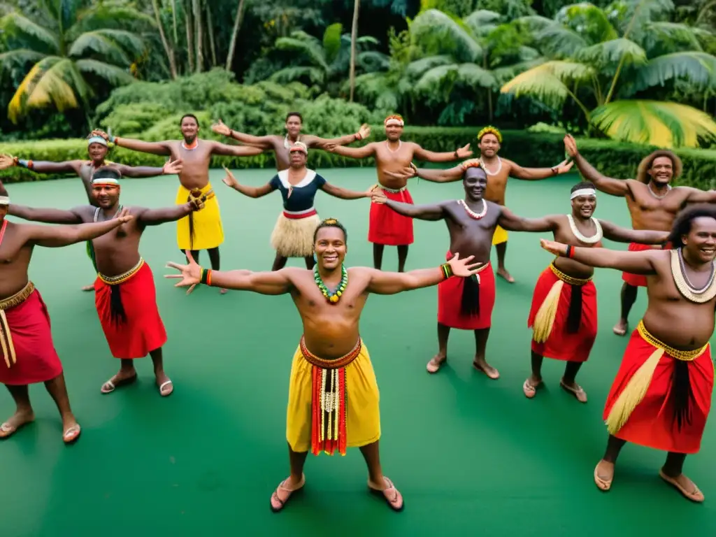 Grupo de bailarines de Vanuatu en trajes tradicionales danzando en círculo al ritmo de tambores tribales, exudando espiritualidad y conexión cultural