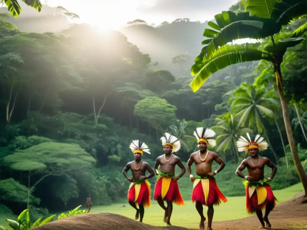 Un grupo de bailarines vanuatuenses ejecuta danzas tradicionales en un claro de bosque tropical, vistiendo trajes vibrantes