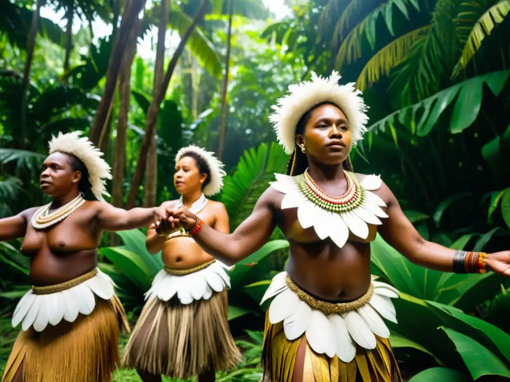 Grupo de bailarines vanuatuenses en trajes tradicionales danzando en el bosque tropical