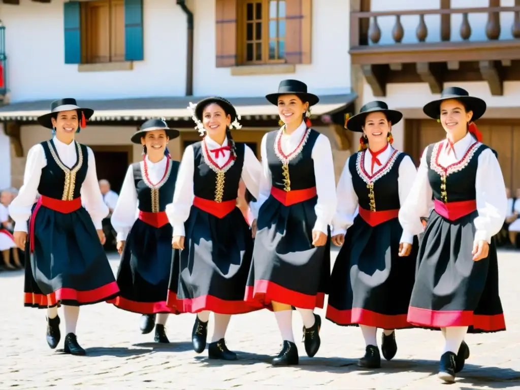 Grupo de bailarines vascos con trajes típicos, danza folclórica vibrante en la plaza del pueblo, significado cultural y orgullo comunitario