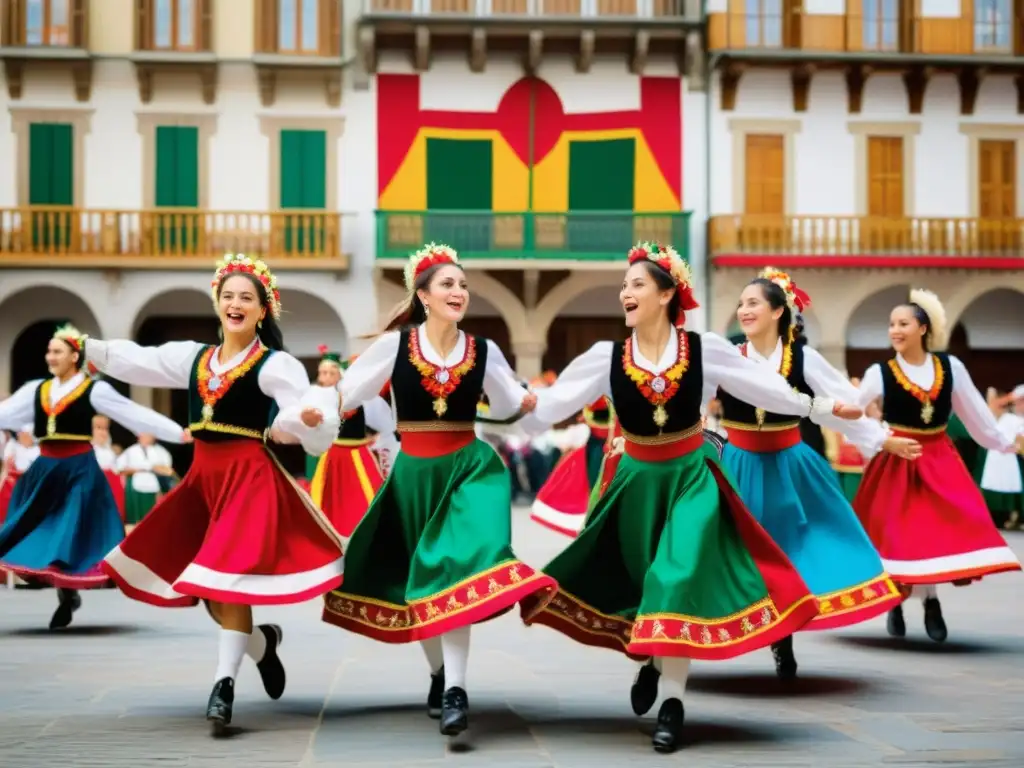 Grupo de bailarines vascos con trajes típicos, danza folclórica en plaza