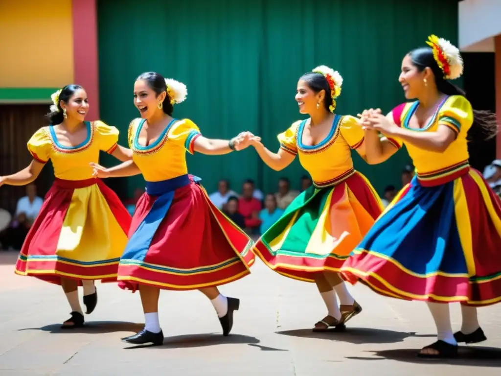 Joropo venezolano: danza tradicional llena de energía Grupo de bailarines venezolanos ejecutando los pasos tradicionales del joropo venezolano, con trajes coloridos y pasión en sus movimientos
