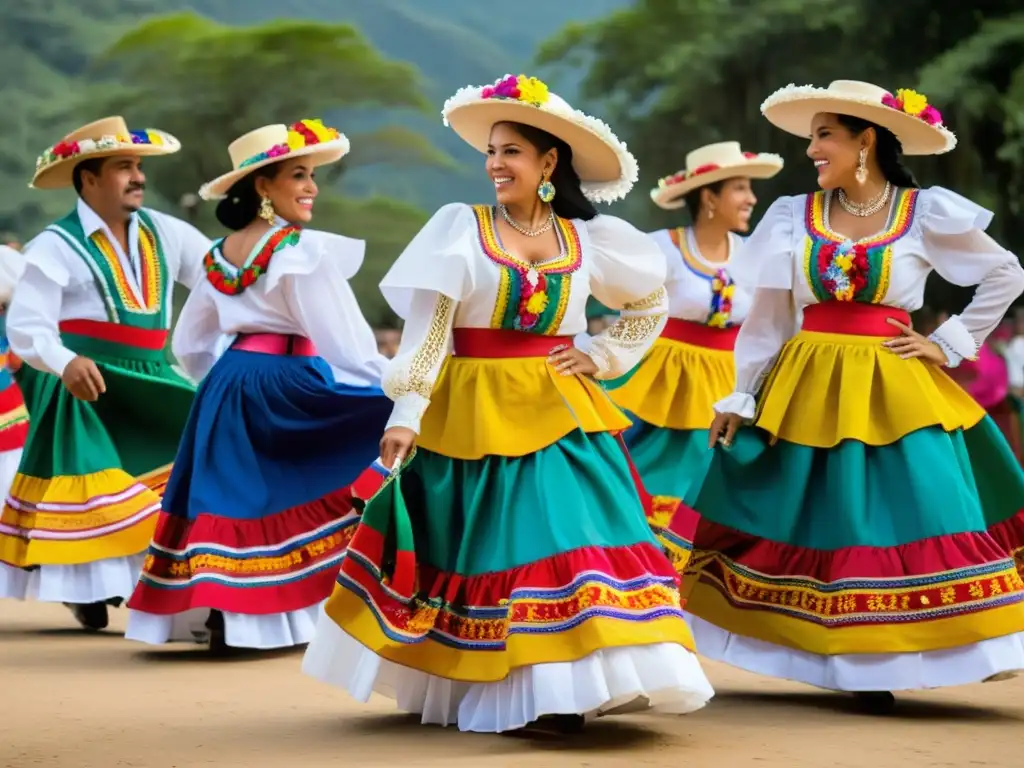 Un grupo de bailarines venezolanos vistiendo trajes del joropo, capturando la energía vibrante y significado cultural del baile tradicional venezolano