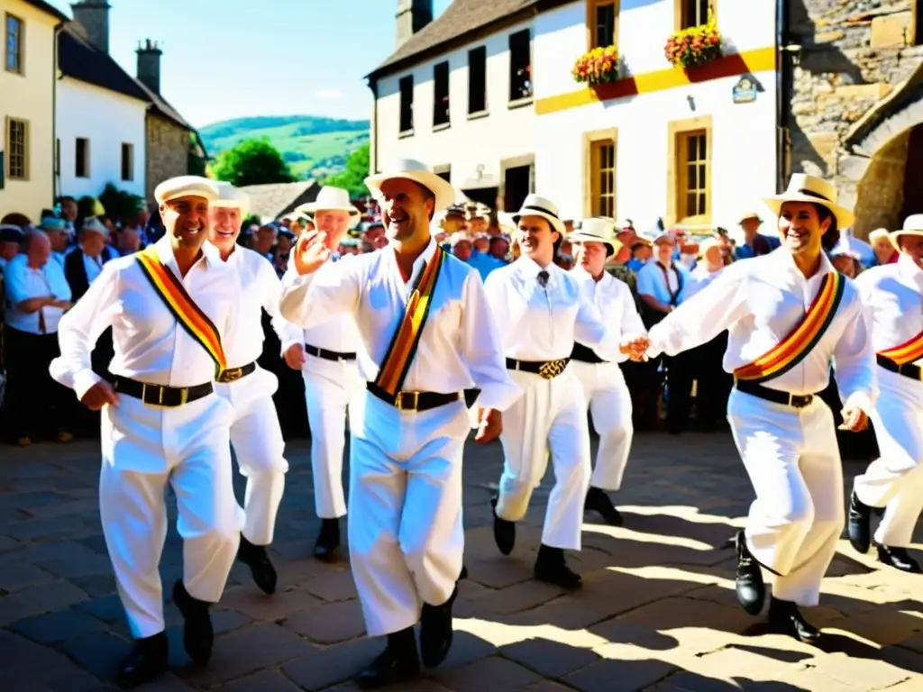 Un grupo de bailarines de Morris, vestidos con atuendos tradicionales, realiza una animada rutina en una plaza soleada