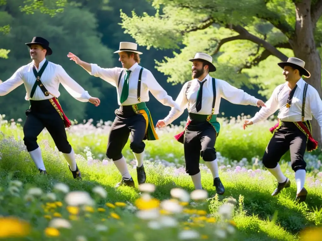 Un grupo de bailarines Morris vestidos con camisas blancas tradicionales, actuando en un prado rodeado de flores silvestres