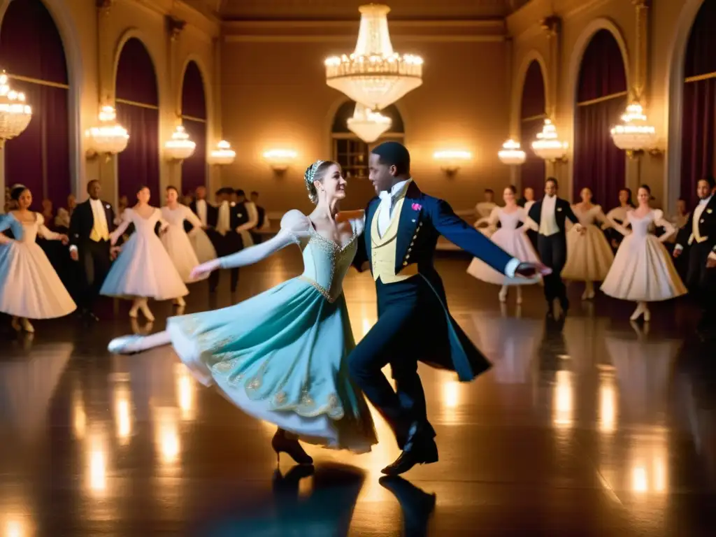 Grupo de bailarines elegantemente vestidos realizando la Cuadrilla francesa en un salón iluminado por velas