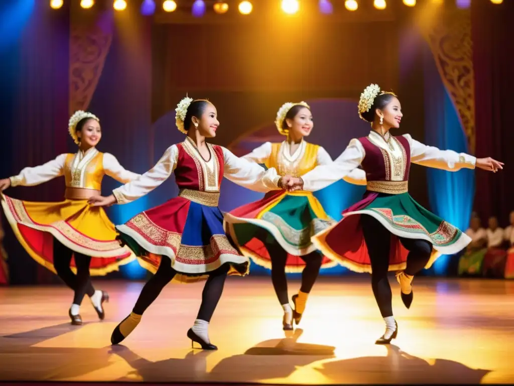 Grupo de bailarines elegantemente vestidos realizando una danza tradicional en un escenario decorado, exudando pasión y destreza