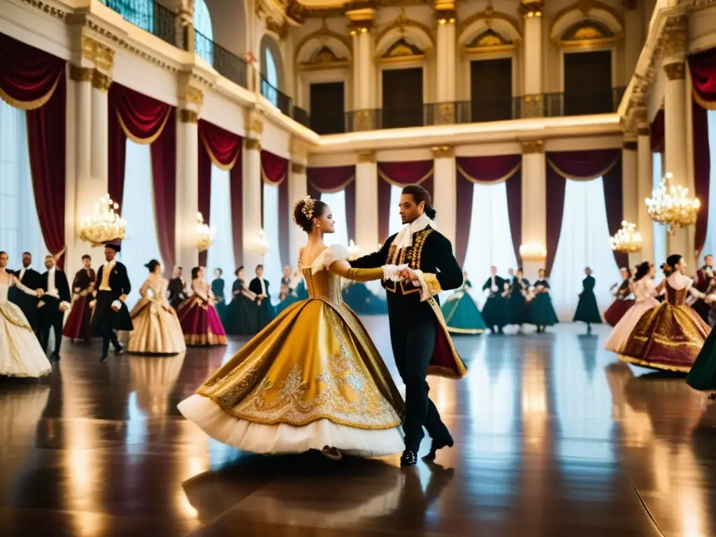 Un grupo de bailarines elegantemente vestidos danza con gracia en un salón de baile, capturando la esencia del encantador baile barroco francés