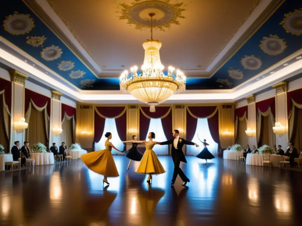 Grupo de bailarines elegantemente vestidos realizando la danza tradicional Gavotte en un salón de baile con decoraciones florales