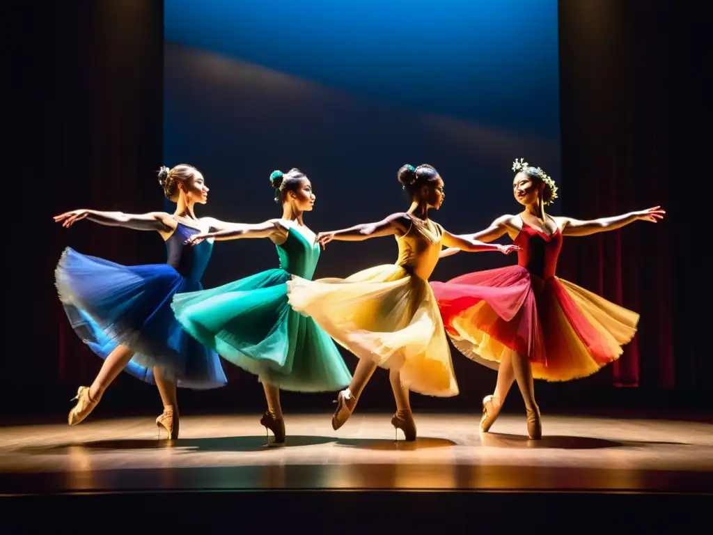 Grupo de bailarines elegantemente vestidos en un escenario iluminado, con paquetes VIP sesiones fotográficas danza