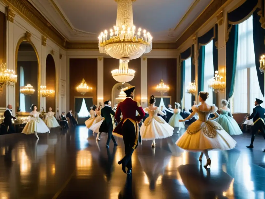 Grupo de bailarines elegantemente vestidos realizando la gavota en un suntuoso salón de baile