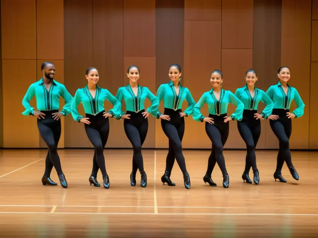 Grupo de bailarines elegantemente vestidos en una precisa Quadrille Francesa, creando patrones de coordinación en el piso de baile