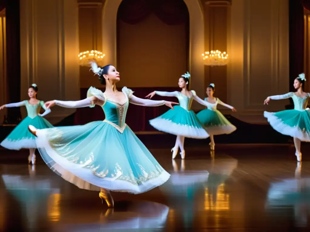 Grupo de bailarines elegantemente vestidos, bailando en sincronía al ritmo de un minué, en un elegante salón de baile