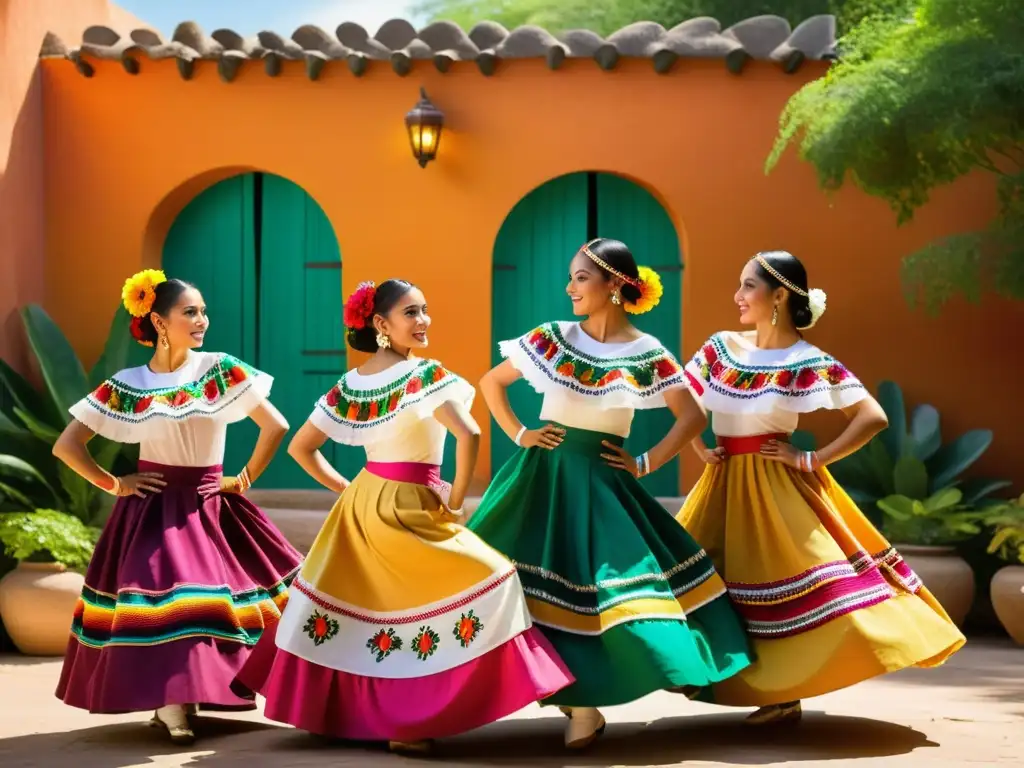 Un grupo de bailarines elegantemente vestidos en trajes tradicionales mexicanos realizando graciosamente una danza tradicional