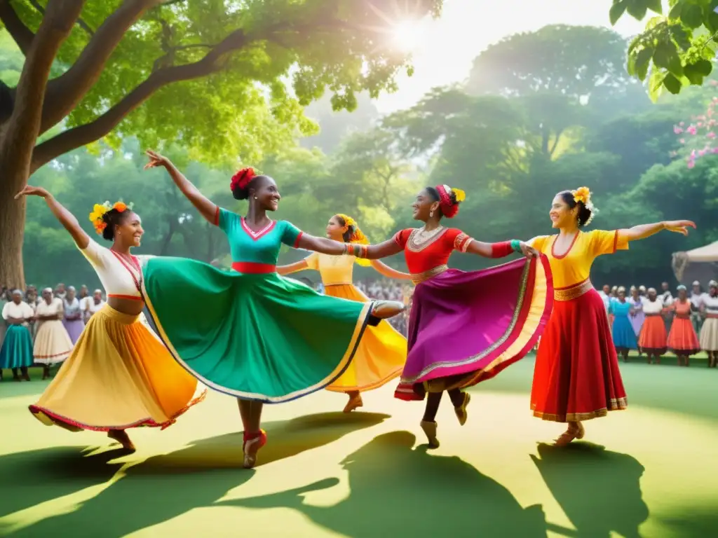 Un grupo de bailarines diversos, vestidos con trajes tradicionales, se reúnen en un círculo en un paisaje exuberante