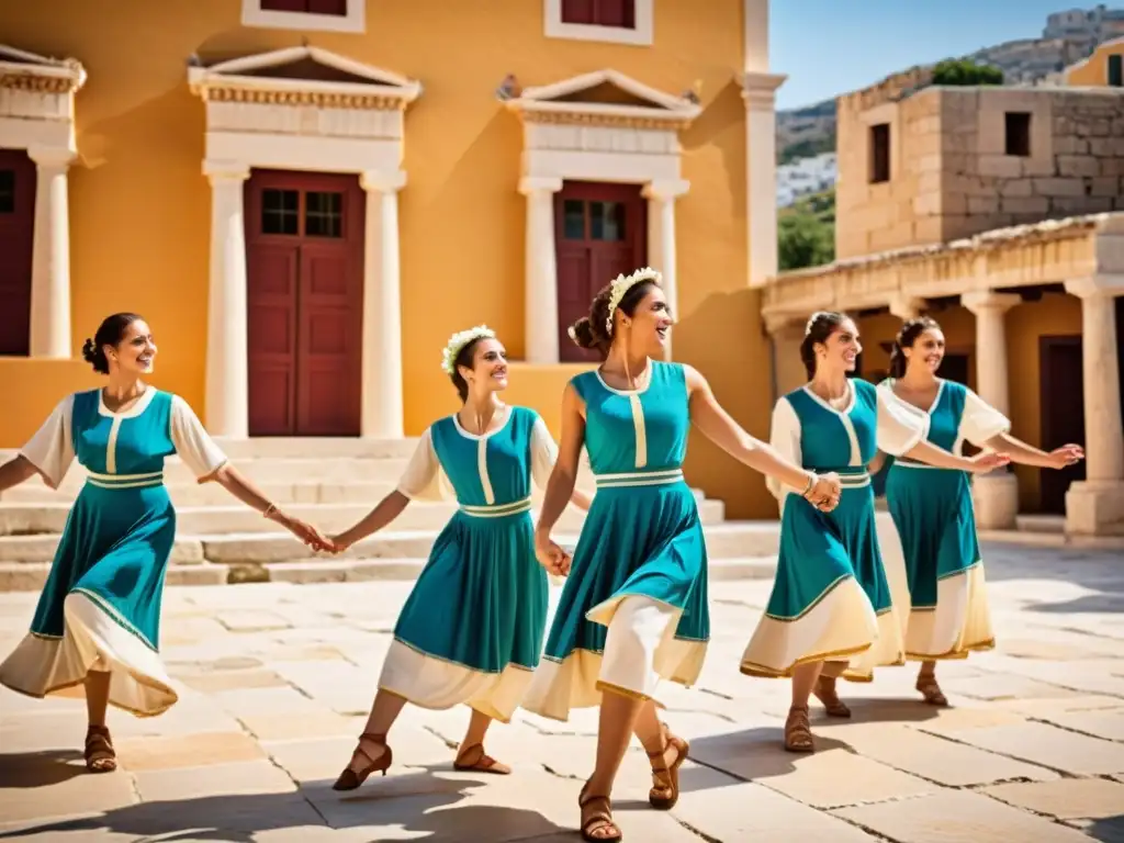 Un grupo de bailarines vestidos con trajes tradicionales griegos bailando Sirtaki en una plaza soleada, irradiando alegría y vitalidad