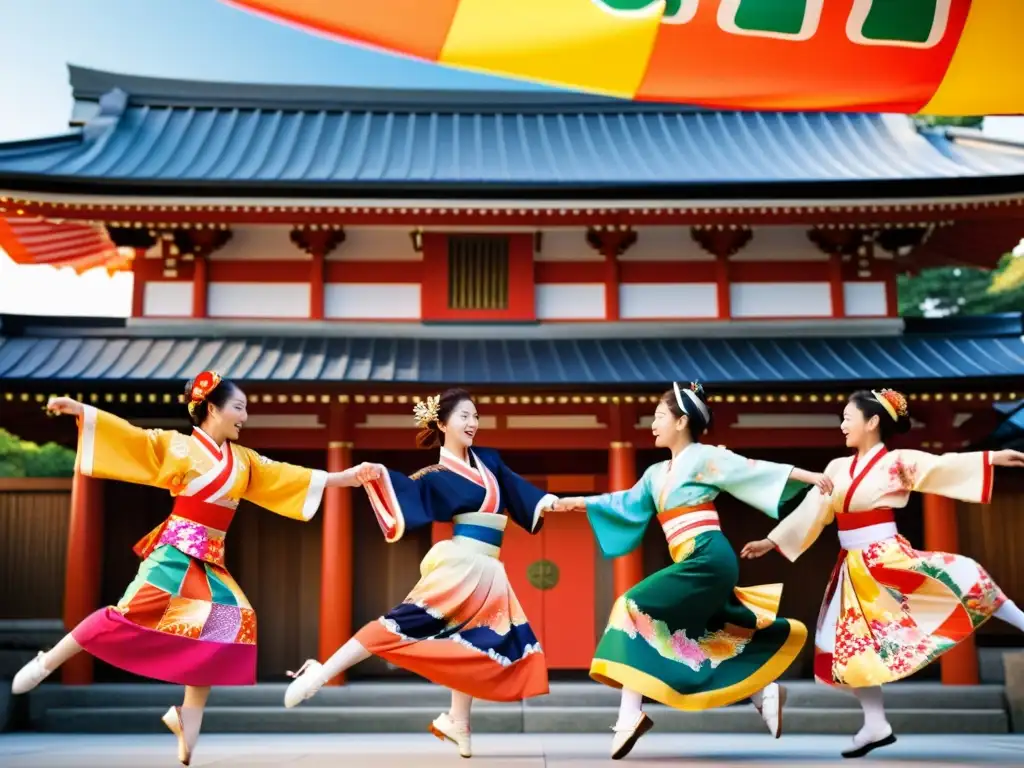 Un grupo de bailarines vestidos con trajes vibrantes de festival yosakoi, saltando y girando en un santuario japonés