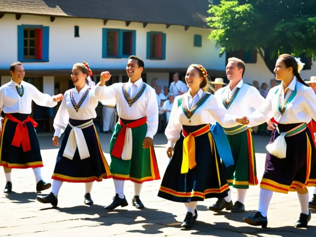 Grupo de bailarines Morris, vestidos con trajes tradicionales, realiza una animada danza en una plaza soleada