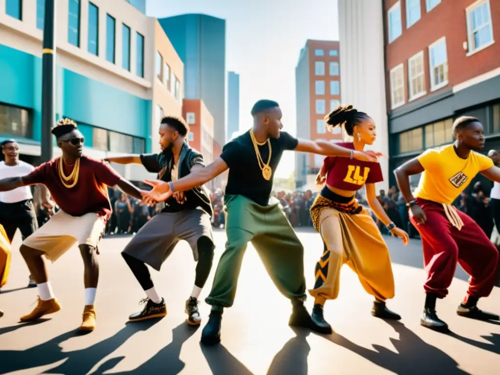 Grupo de bailarines en vestimenta africana y urbana, danza krump y tradicional africana en la calle