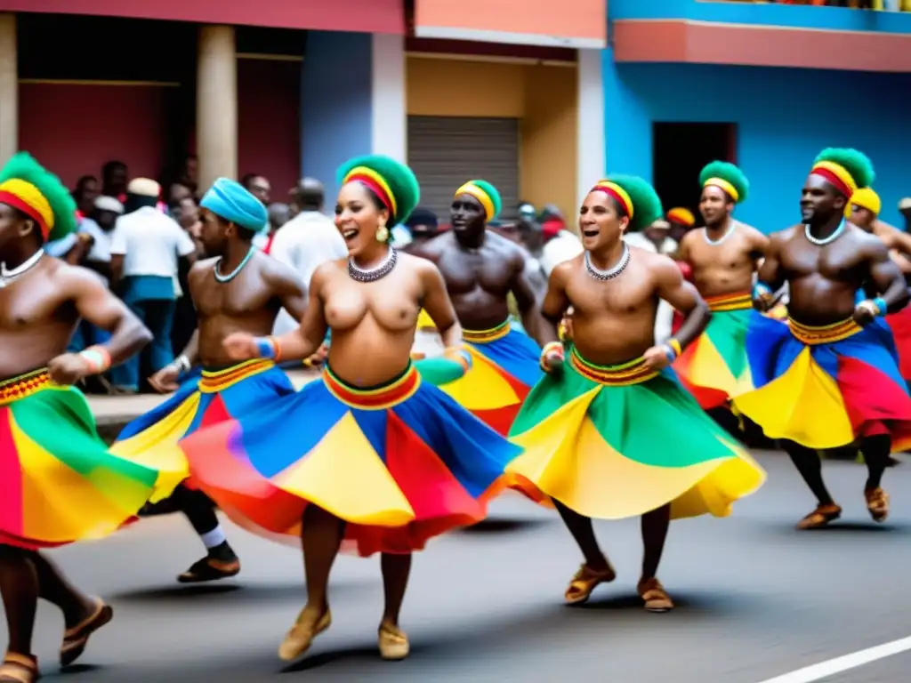 Grupo de bailarines en vestimenta afrouruguaya realizando la danza candombe, desbordando energía y orgullo cultural