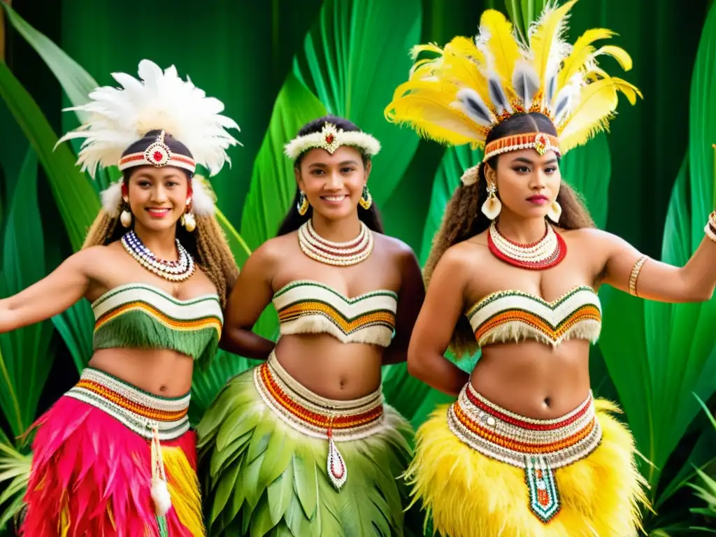 Grupo de bailarines con Vestimenta de danza en Islas Marquesas, enérgicos y coloridos, en un escenario natural exuberante