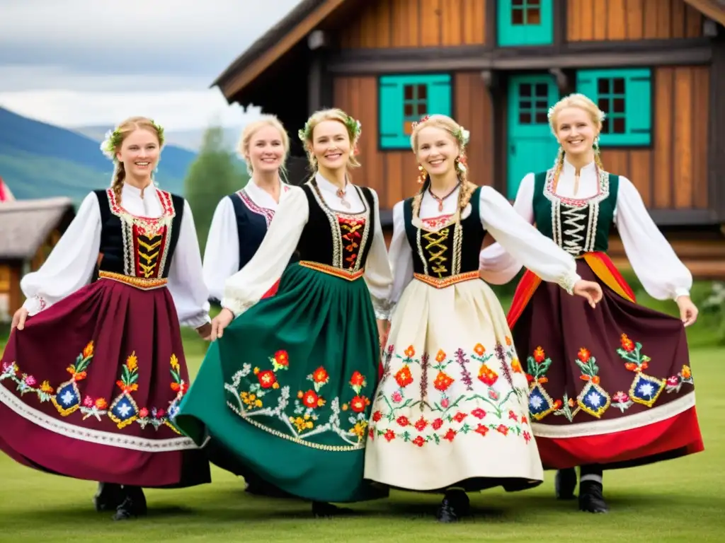 Grupo de bailarines con vestimenta escandinava en danza tradicional, con trajes florales y movimiento hipnótico en un escenario rural