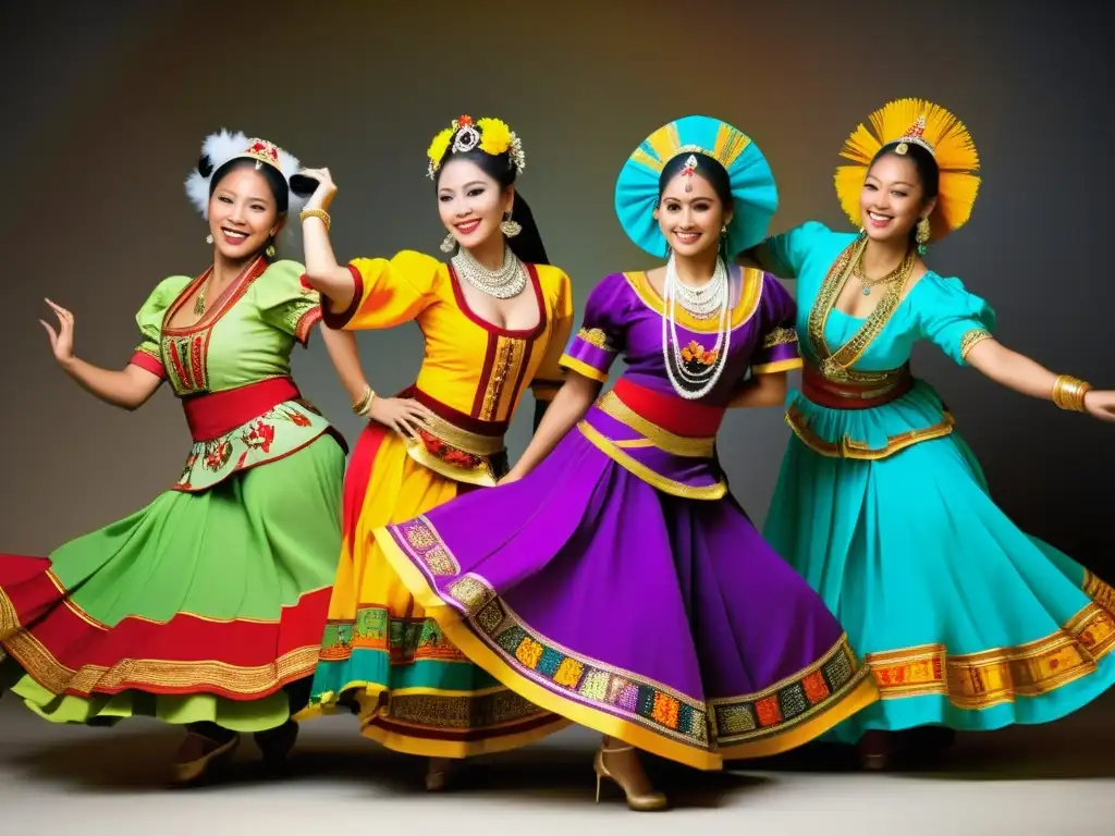 Grupo de bailarines con vestimenta tradicional en danzas del mundo, desplegando movimientos dinámicos y coloridos en una actuación culturalmente rica