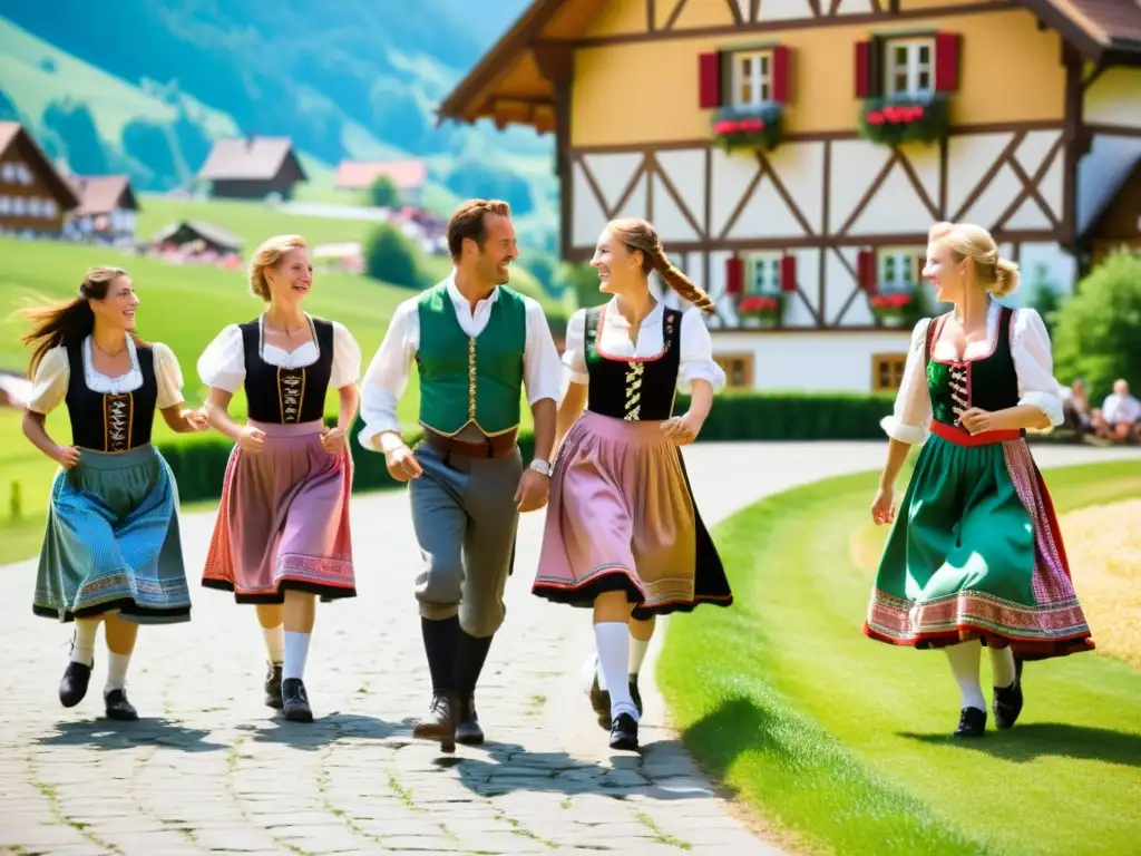 Grupo de bailarines con vestimenta tradicional alemana para danza realizando un animado baile Schuhplattler en un paisaje bávaro pintoresco