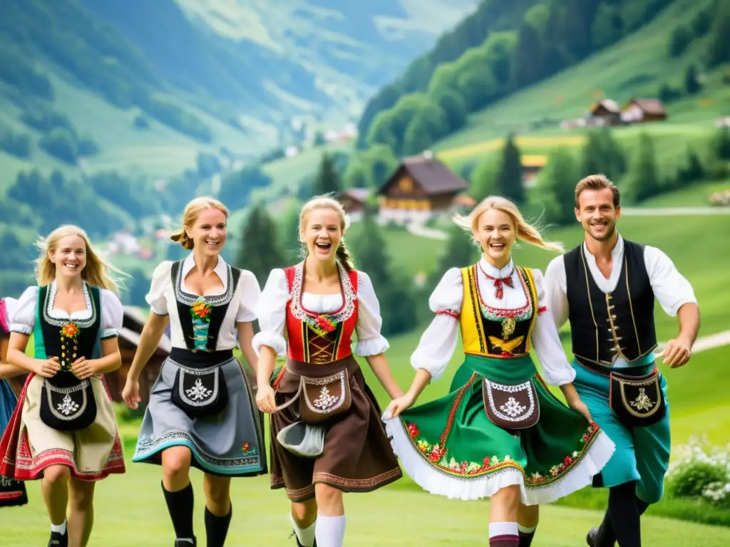 Grupo de bailarines con vestimenta tradicional alemana para danza, celebrando su cultura en una aldea de montaña pintoresca