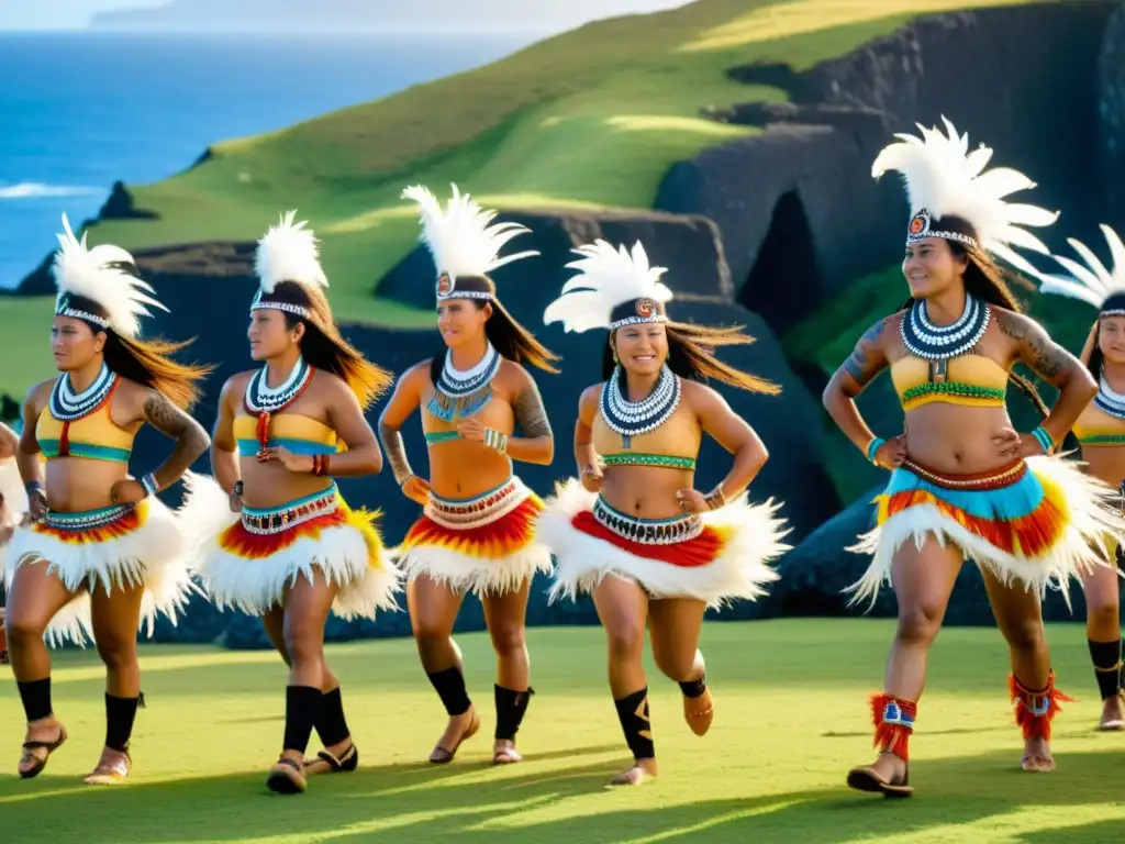 Grupo de bailarines Rapa Nui con vestimenta tradicional de danza en Isla de Pascua, expresando pasión y energía en su actuación