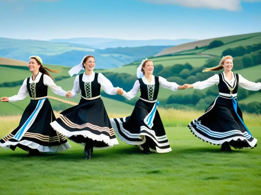 Grupo de bailarines con vestimenta tradicional danza celta Bretaña, realizando una energética danza en un paisaje verde y cielo azul