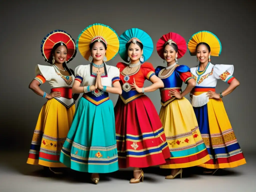 Grupo de bailarines en vestuario de danza tradicional mundial, expresando la riqueza cultural a través de sus vibrantes trajes y movimientos cautivadores