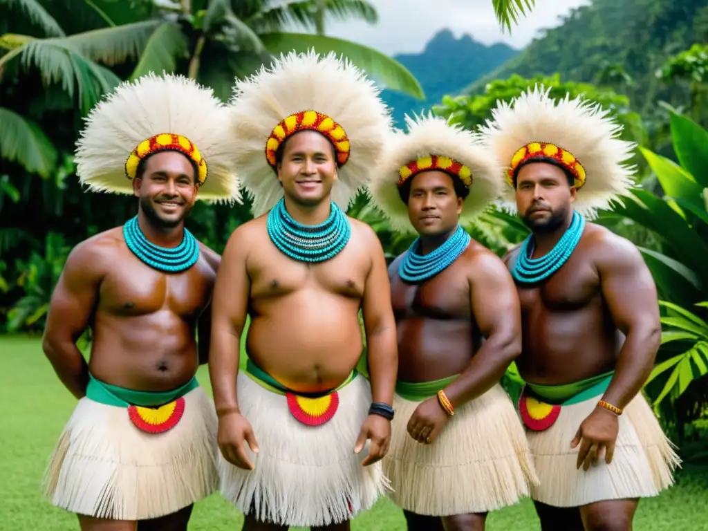 Grupo de bailarines en vestuario de danza tradicional en Vanuatu, rodeados de exuberante vegetación, listos para su actuación ceremonial