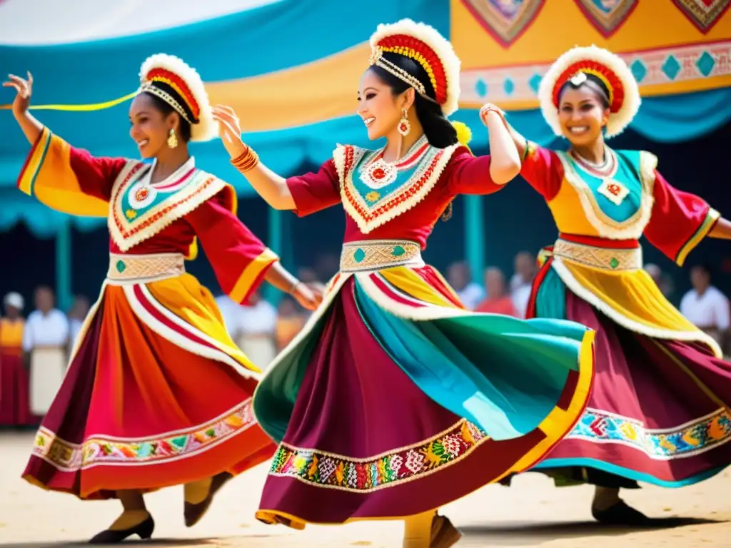 Grupo de bailarines con vestuario en danza tradicional mundial, realizando una vibrante actuación en un festival cultural