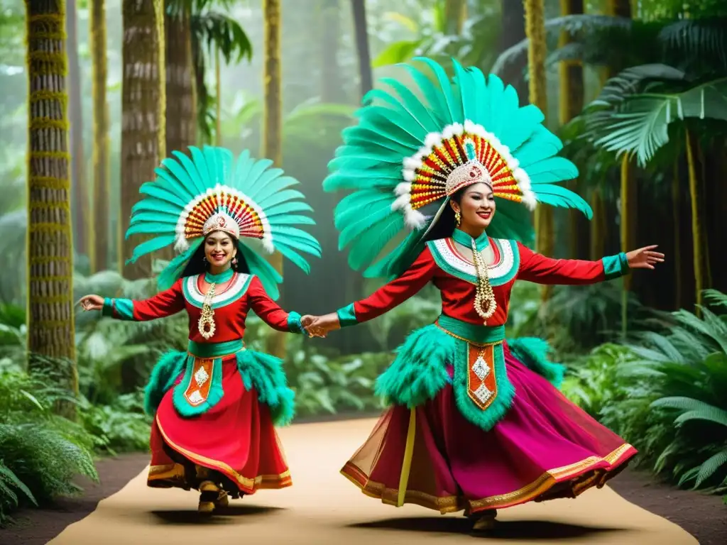 Un grupo de bailarines en vestuarios tradicionales de danza, ejecutando una danza tradicional en un exuberante bosque