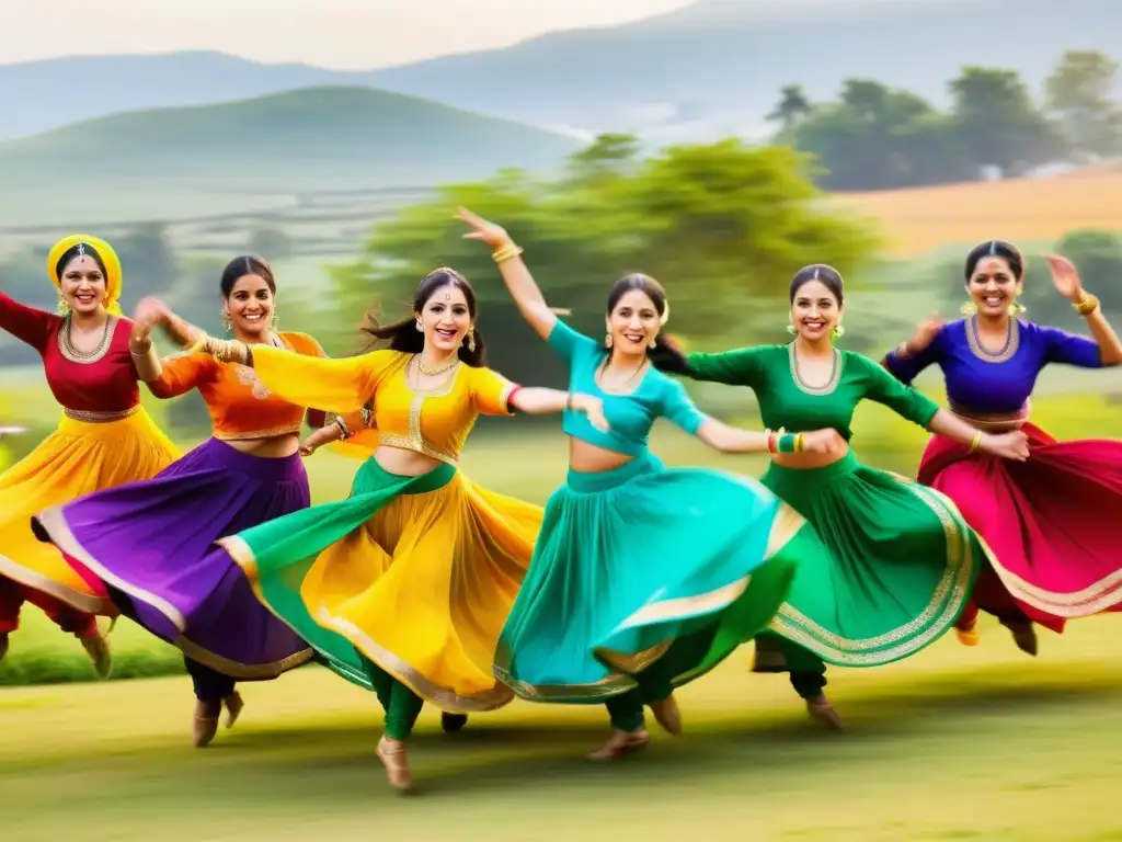 Grupo de bailarines en vibrante atuendo Punjabi, ejecutando la enérgica Danza Bhangra, con telas coloridas y fondo tradicional