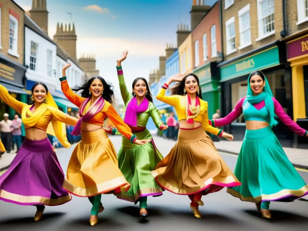 Un grupo de bailarines enérgicos realiza la vibrante Danza Bhangra, fusionando la cultura punjabí con la diversidad del Reino Unido