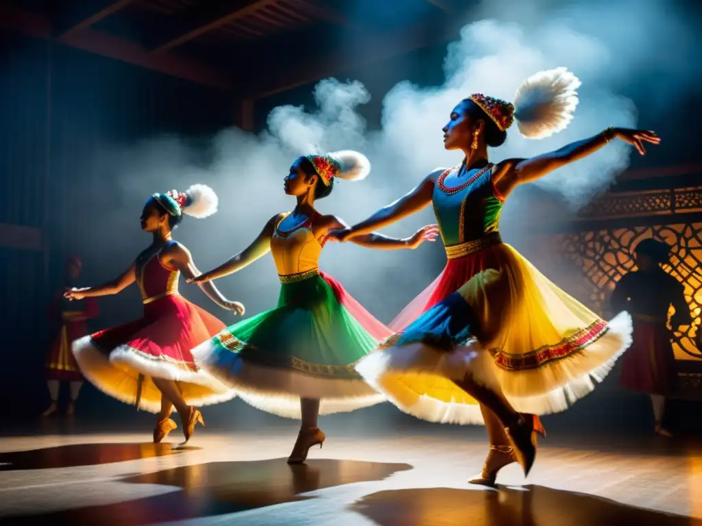 Grupo de bailarines en vibrante danza tradicional, inmersos en atmosfera cultural rica