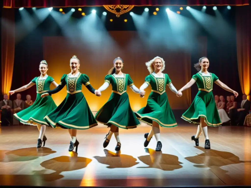 Grupo de bailarines en vibrante actuación de danza irlandesa, con vestuarios coloridos y técnicas tradicionales