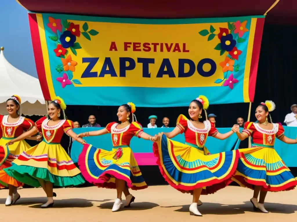 Grupo de bailarines en vibrante festival, revitalizando danzas tradicionales con zapateado y palmas en trajes coloridos