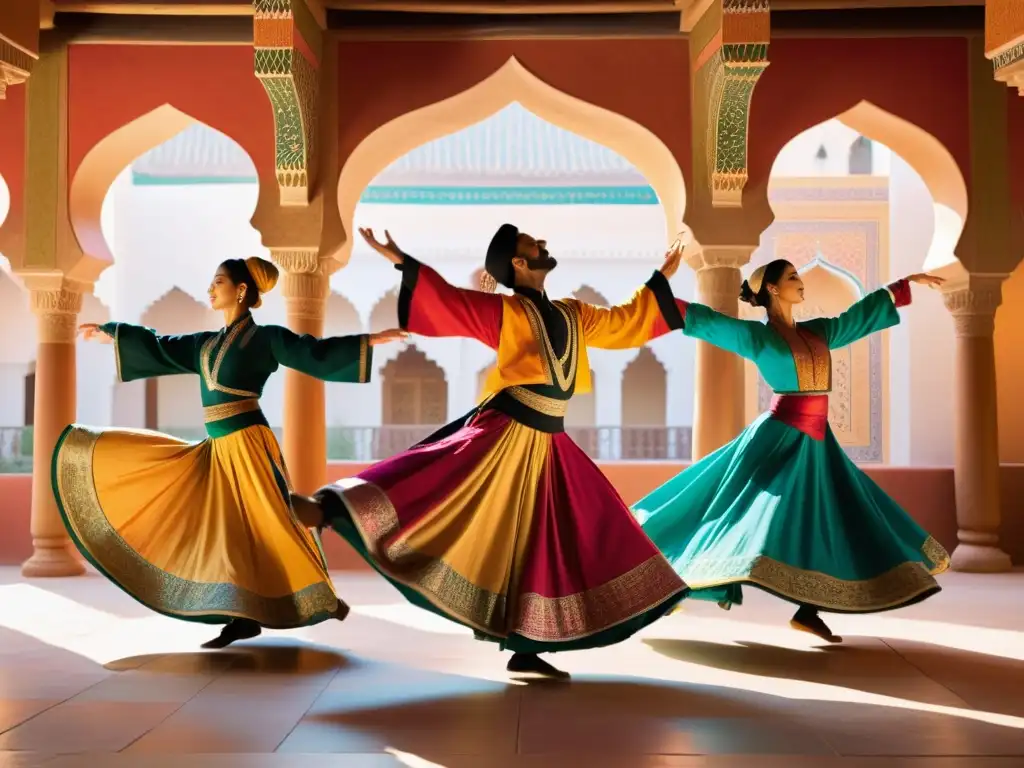 Grupo de bailarines Sufi en vibrante festival de danza en Konya, transmitiendo trascendencia espiritual con movimientos y colores hipnóticos