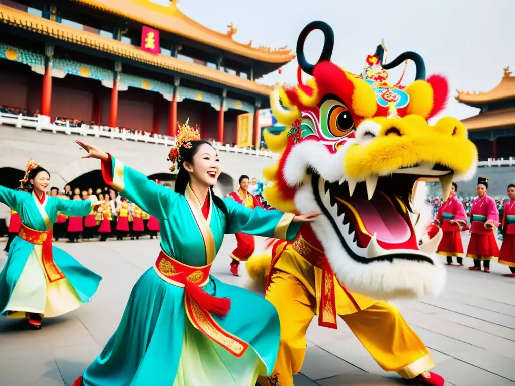 Grupo de bailarines en vibrante Festival de Danza del Dragón Qingdao, con trajes coloridos, movimientos dinámicos y espíritu festivo