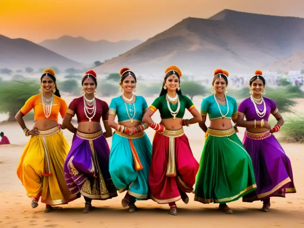 Grupo de bailarines Rajasthani en el vibrante Festival de Danza en Pushkar, capturando la energía y la belleza de la tradición